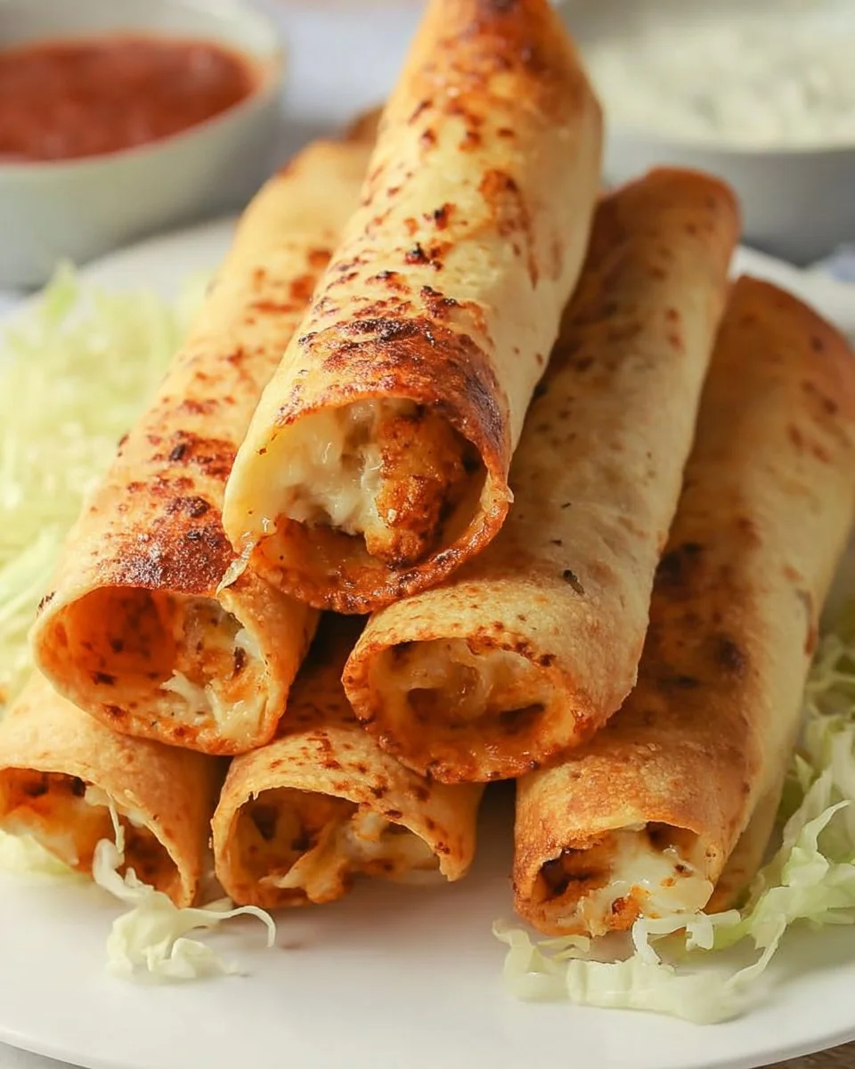 Delicious creamy chicken taquitos served with fresh toppings