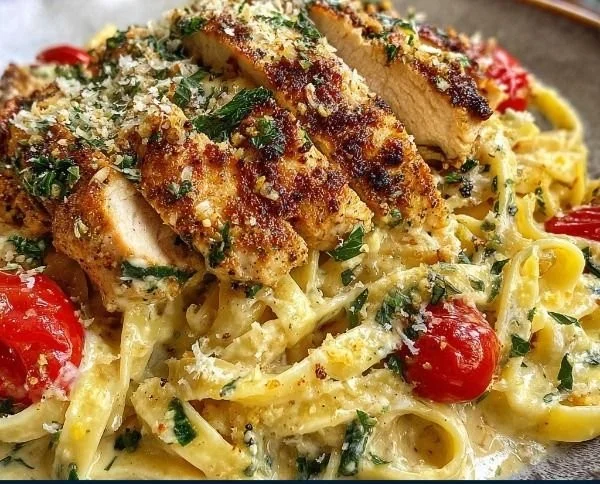 Creamy Garlic Parmesan Chicken Pasta topped with fresh herbs