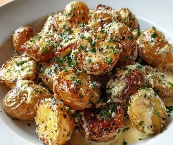 Creamy garlic sauce baby potatoes served on a plate