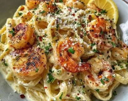 Creamy garlic shrimp Alfredo pasta with herbs and grated cheese