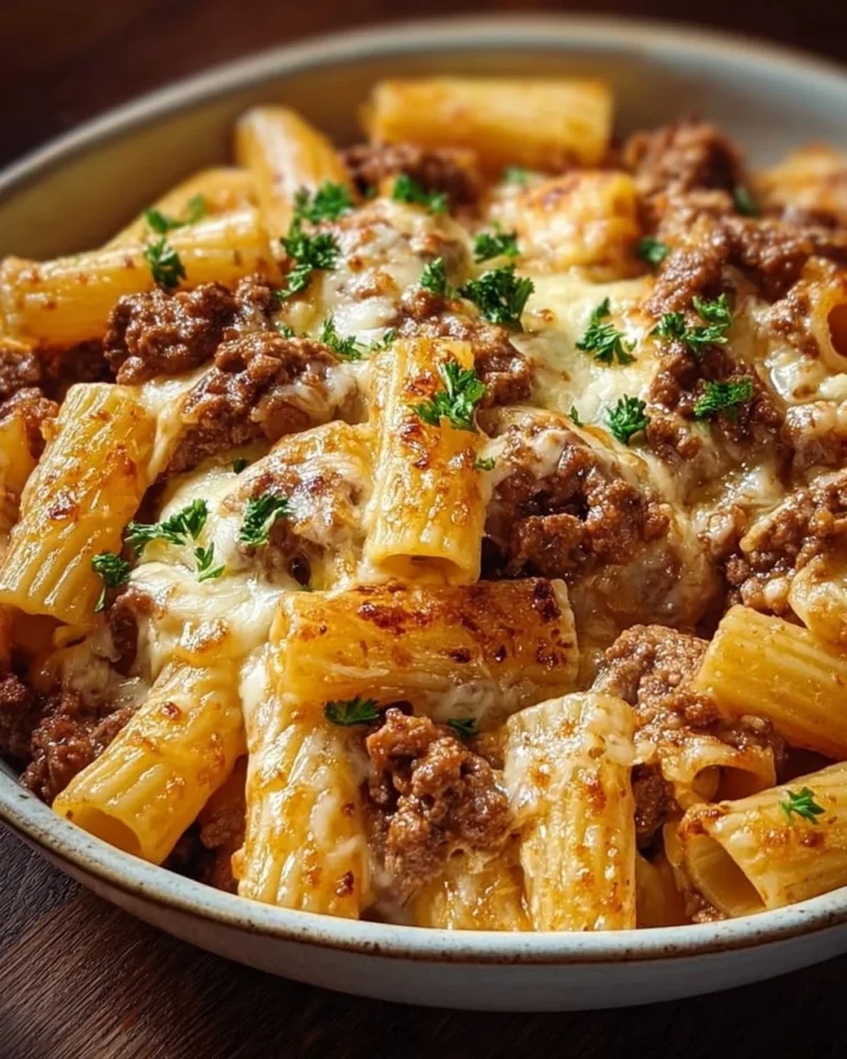 Creamy Parmesan Beef Rigatoni garnished with fresh herbs and cheese