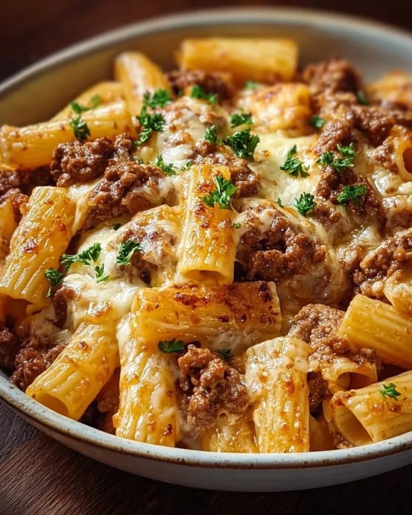 Creamy Parmesan Beef Rigatoni garnished with fresh herbs and cheese