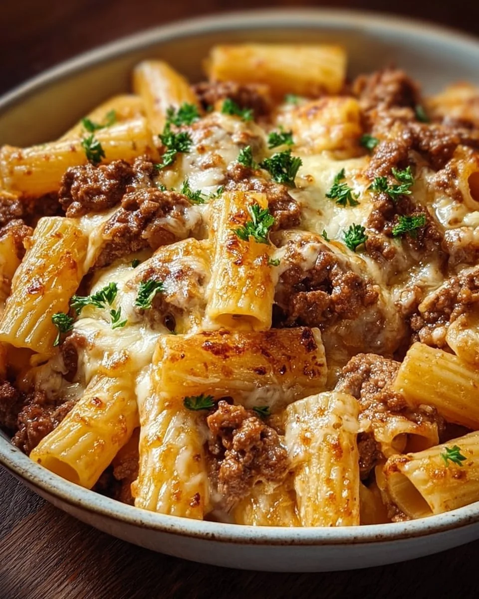 Creamy Parmesan Beef Rigatoni garnished with fresh herbs and cheese