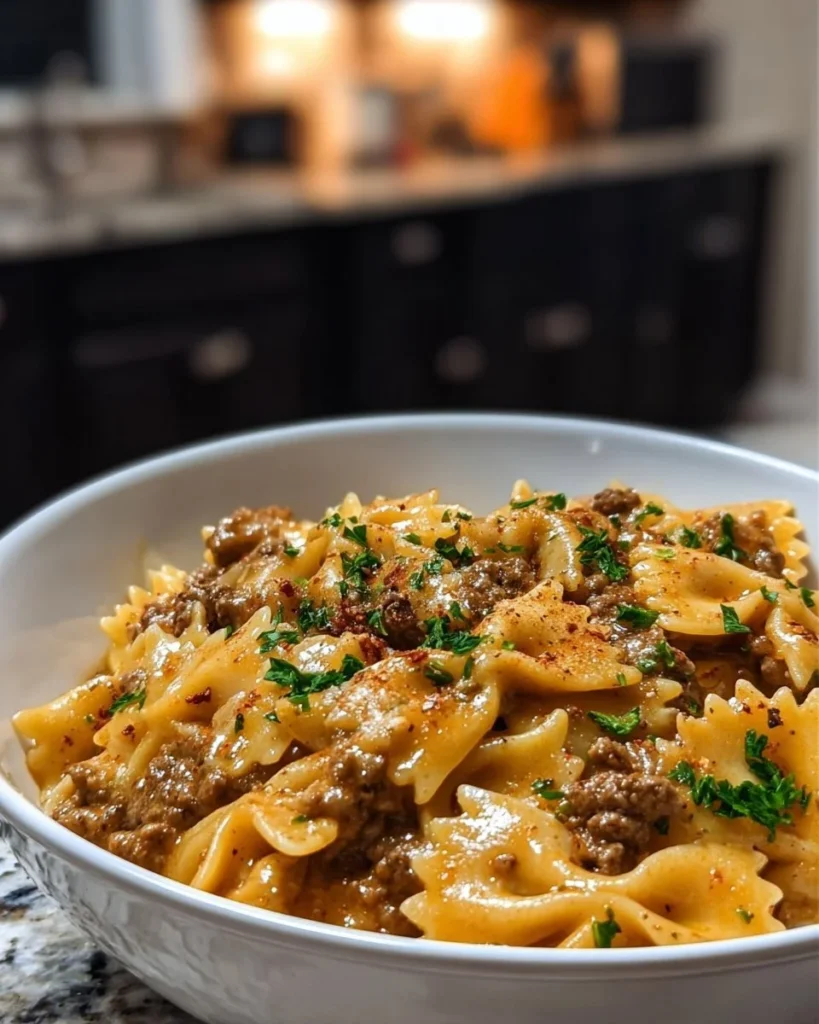 Creamy parmesan garlic beef bowtie pasta served in a bowl