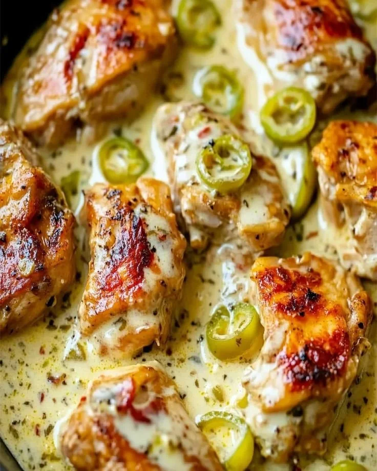 Creamy Pepperoncini Chicken Skillet with fresh herbs and peppers
