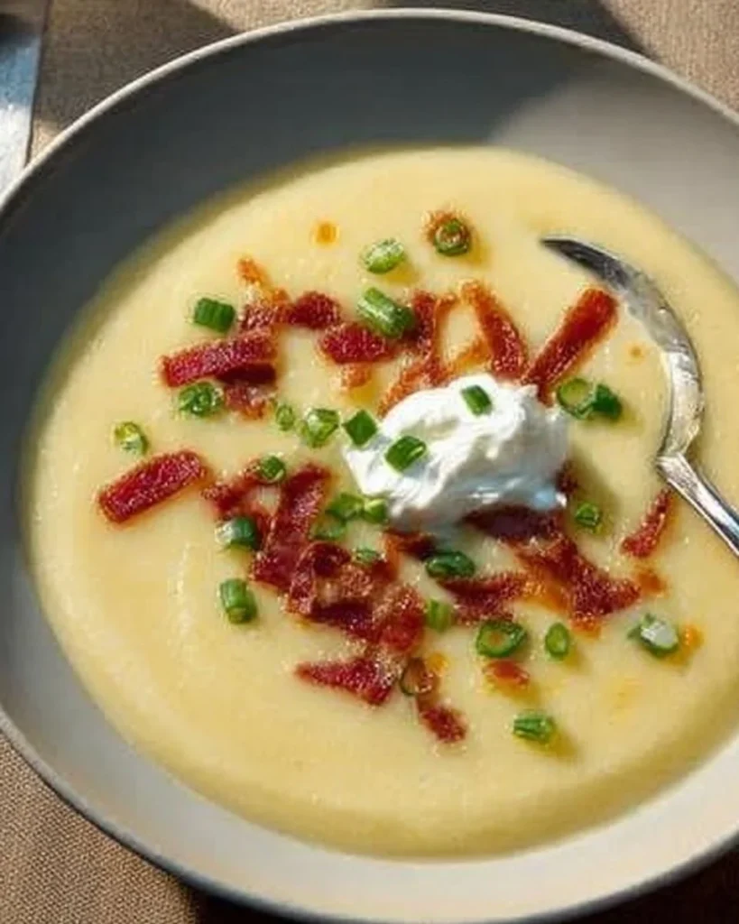 Creamy potato leek soup in a bowl garnished with fresh herbs