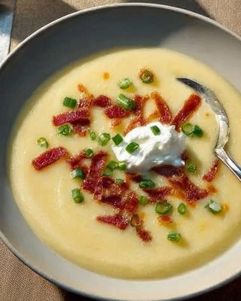 Creamy potato leek soup in a bowl garnished with fresh herbs