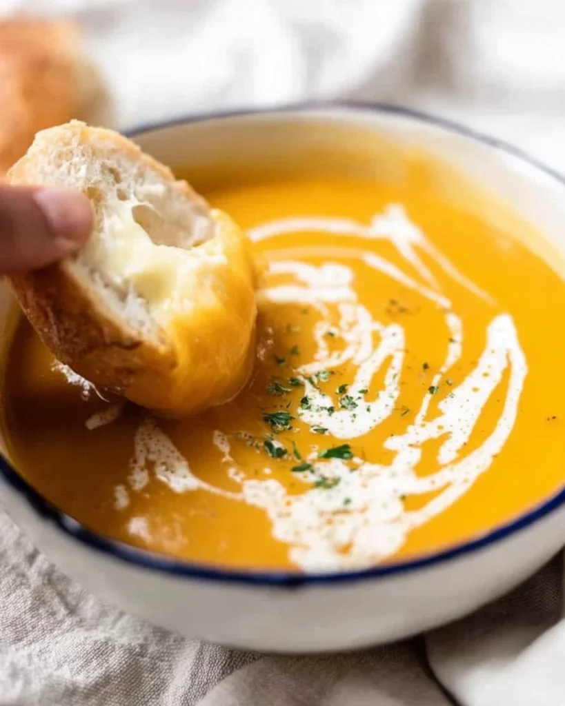 Bowl of creamy pumpkin soup garnished with herbs and spices