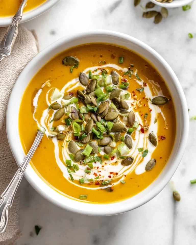 Bowl of creamy pumpkin soup topped with herbs and served with crusty bread