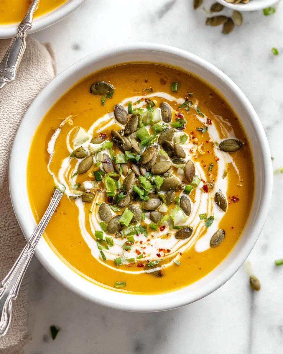 Bowl of creamy pumpkin soup topped with herbs and served with crusty bread