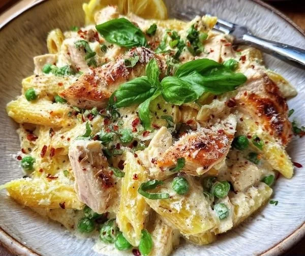 Creamy ricotta chicken pasta dish with fresh herbs and chicken pieces