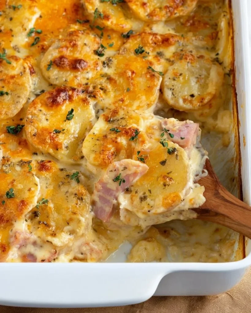 Baked creamy scalloped potatoes and ham served in a casserole dish.