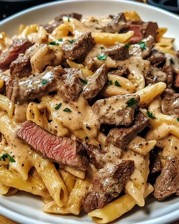 Creamy steak pasta dish garnished with herbs and served in a bowl