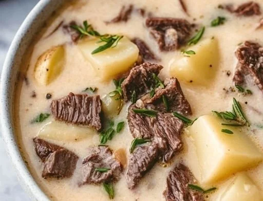 Bowl of creamy steak potato soup garnished with herbs