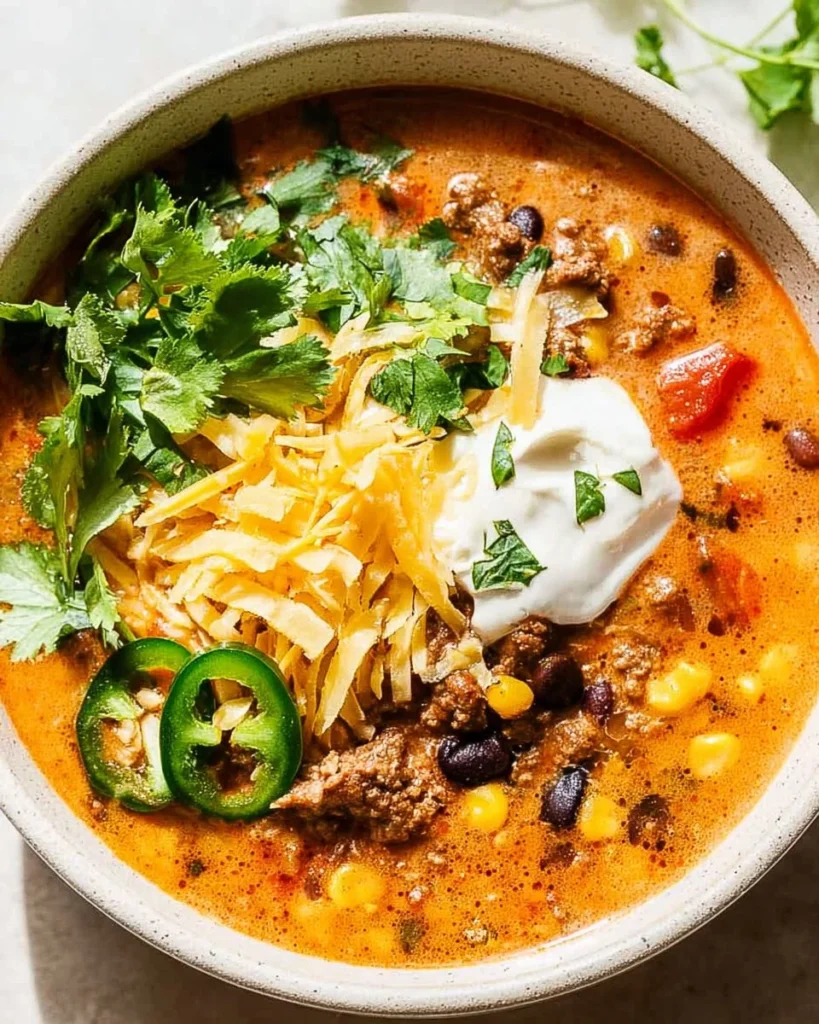 Delicious creamy taco soup with toppings in a bowl