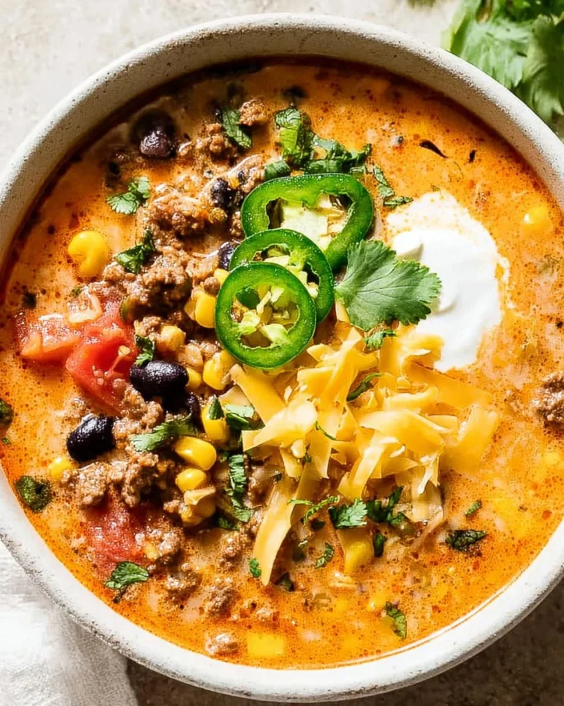 Bowl of creamy taco soup topped with cheese and cilantro