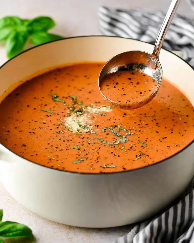 Bowl of creamy tomato basil bisque garnished with fresh basil leaves