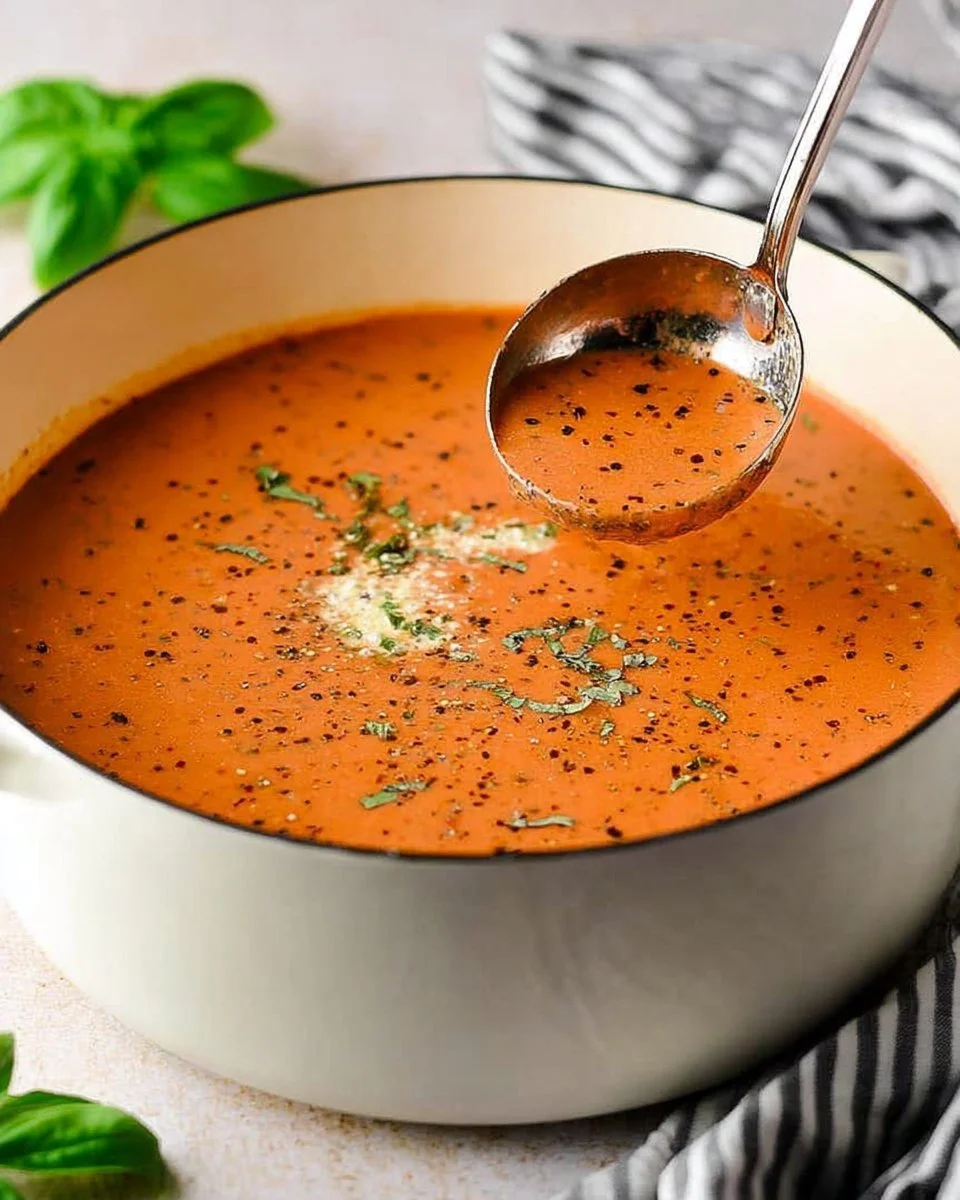 Bowl of creamy tomato basil bisque garnished with fresh basil leaves