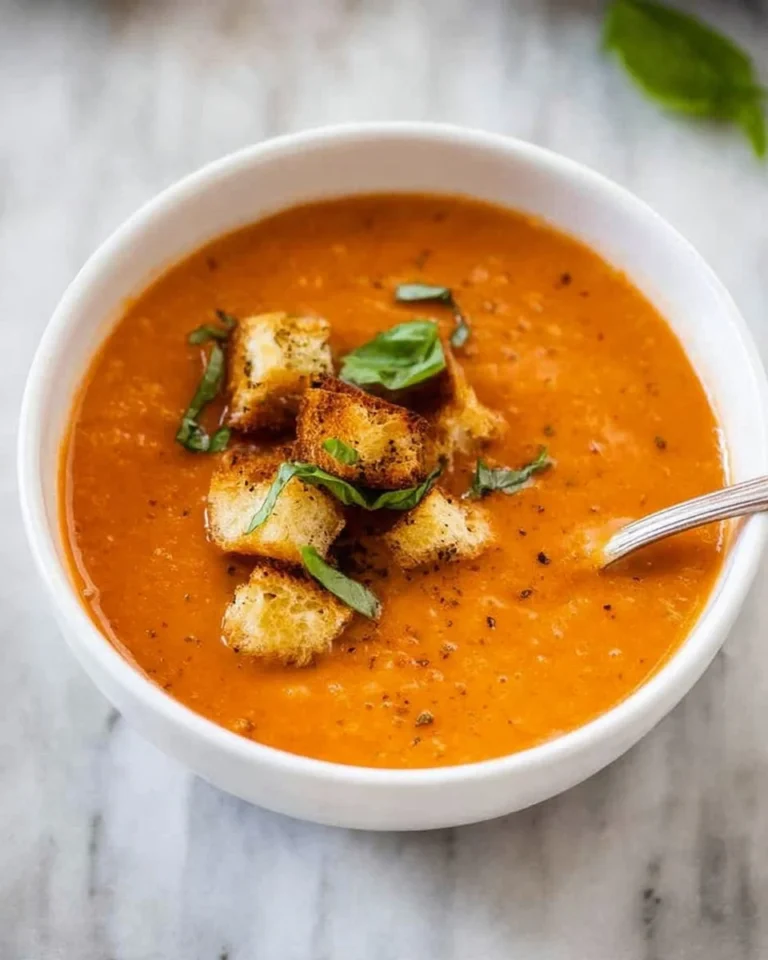 Bowl of creamy tomato basil soup garnished with fresh basil leaves