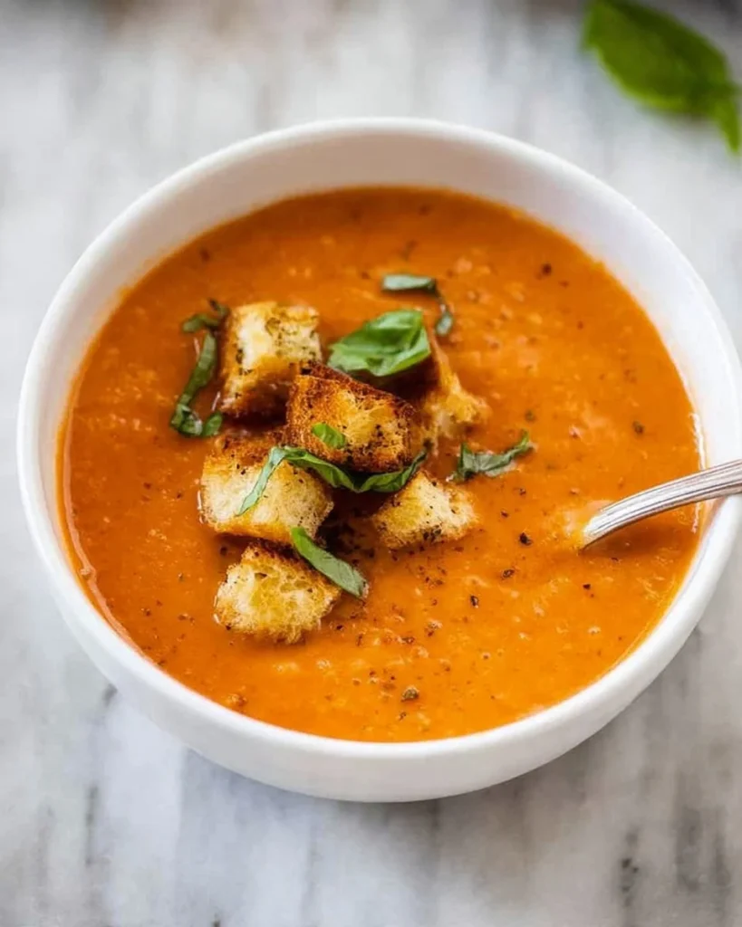 Bowl of creamy tomato basil soup garnished with fresh basil leaves