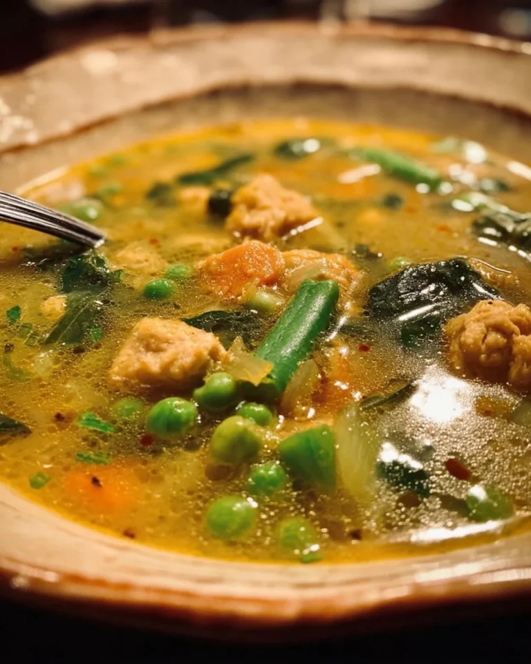 Bowl of creamy turmeric chicken soup garnished with herbs and spices.