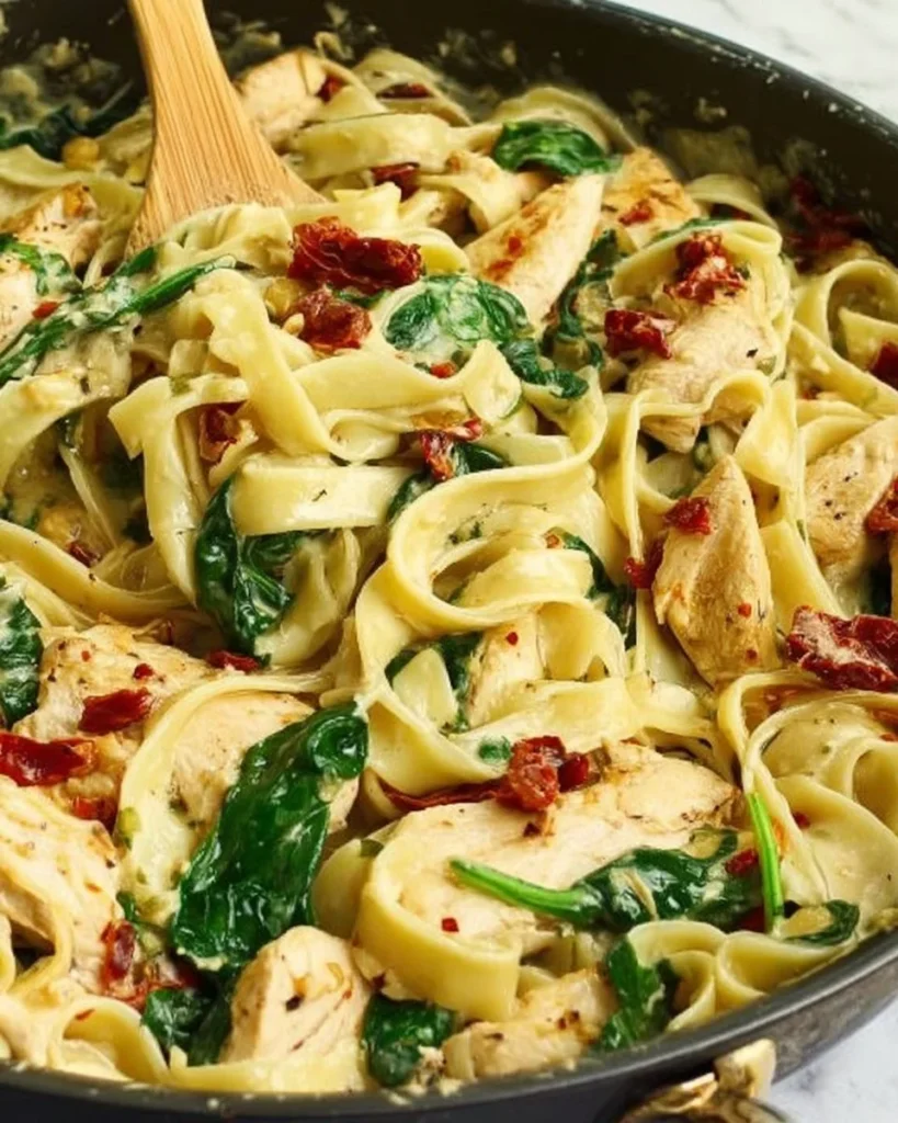 Plate of creamy Tuscan chicken pasta with fresh herbs and sun-dried tomatoes