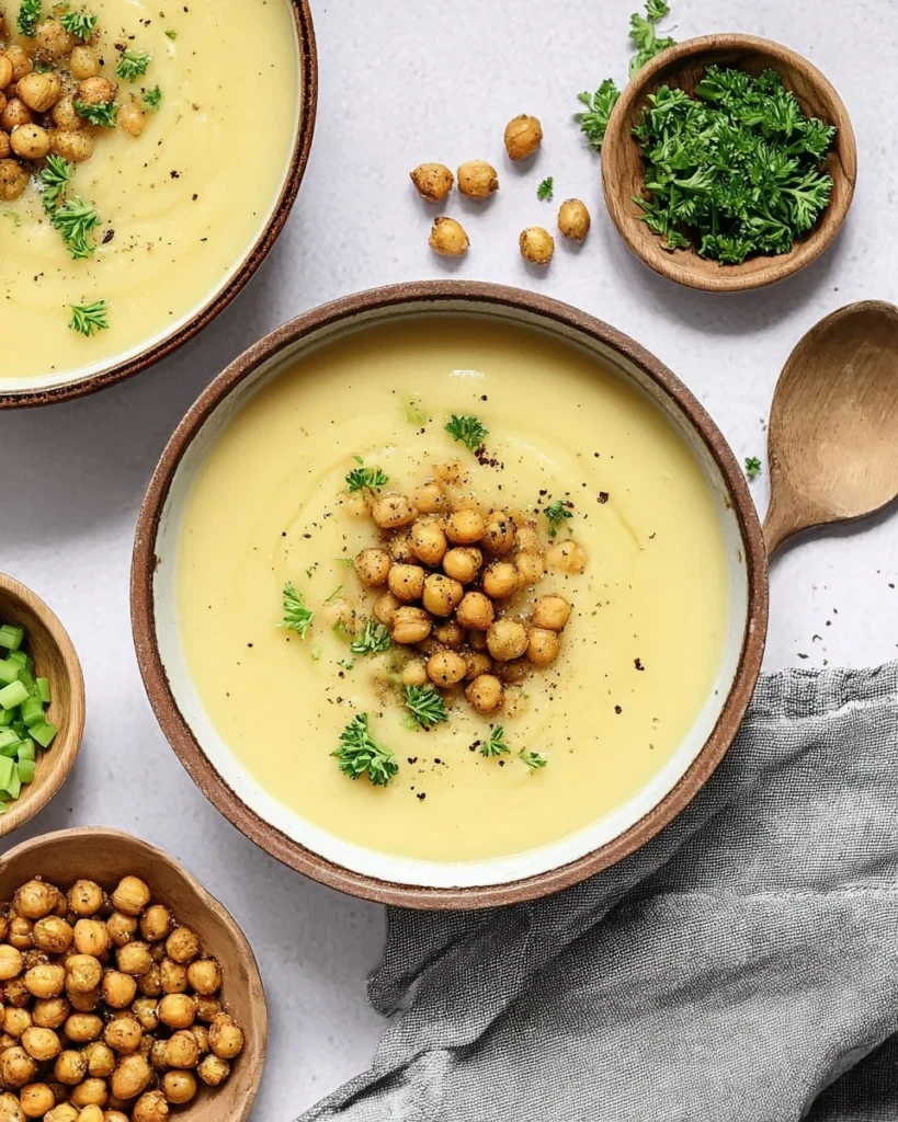 Creamy vegan potato leek soup in a bowl, garnished with fresh herbs.