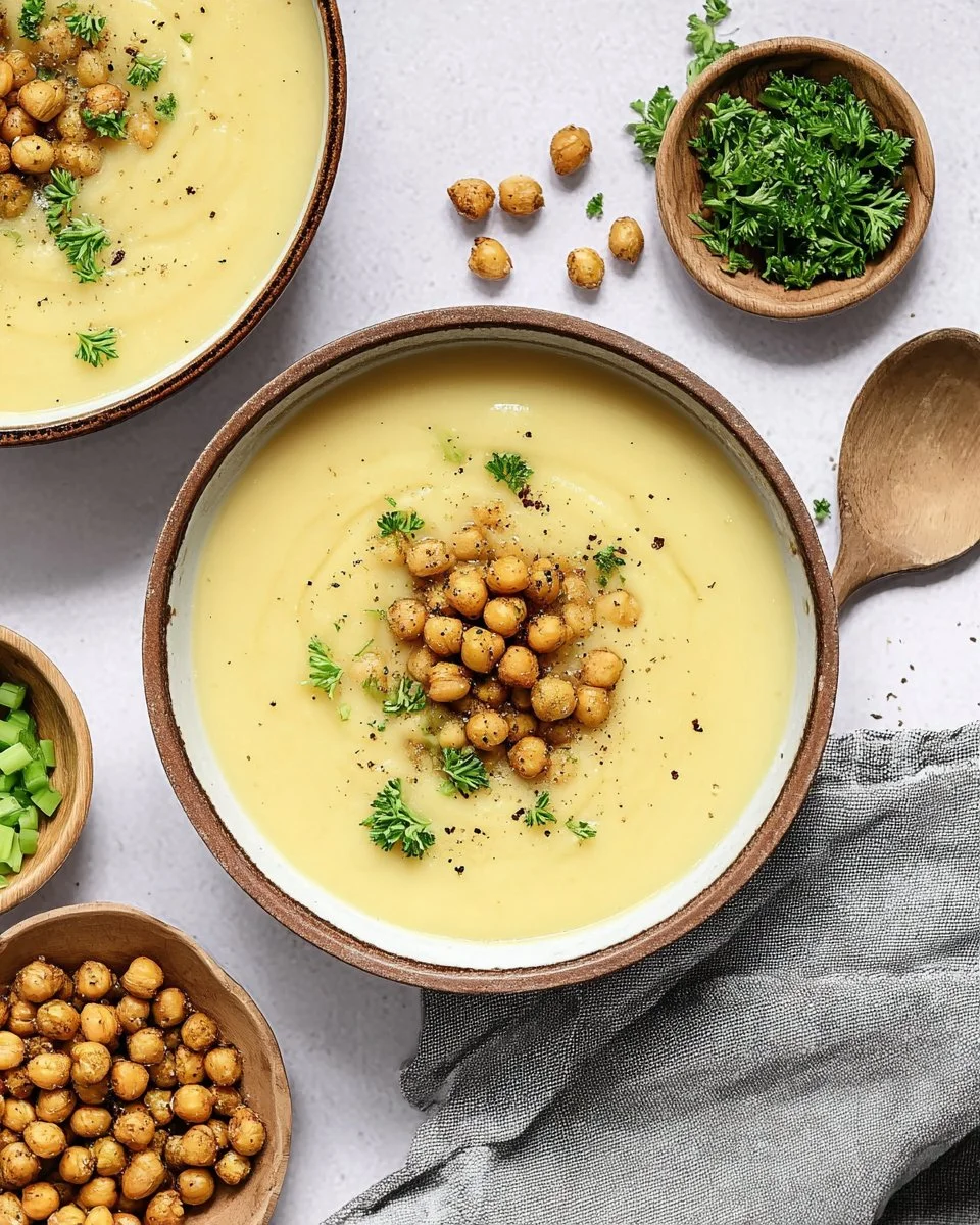 Creamy vegan potato leek soup in a bowl, garnished with fresh herbs.