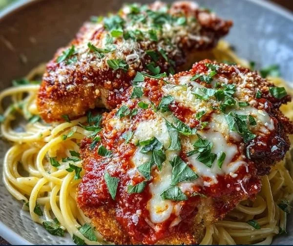 Delicious crispy chicken parmesan with marinara sauce and melted cheese