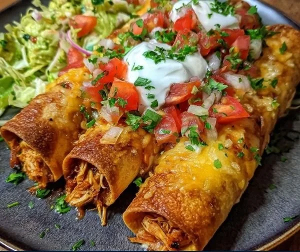 Plate of crispy chicken taquitos garnished with fresh cilantro and salsa.