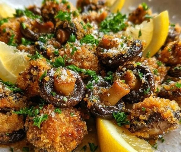 Plate of crispy garlic fried mushrooms garnished with herbs
