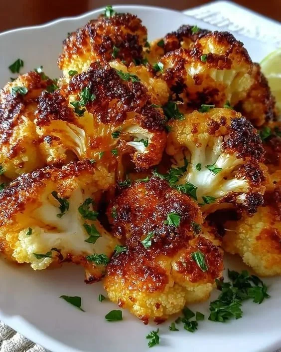 Crispy roasted cauliflower served on a plate, golden brown and delicious.
