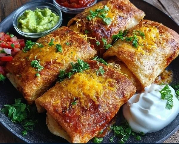 Delicious crispy spicy Mexican chicken chimichangas served with toppings