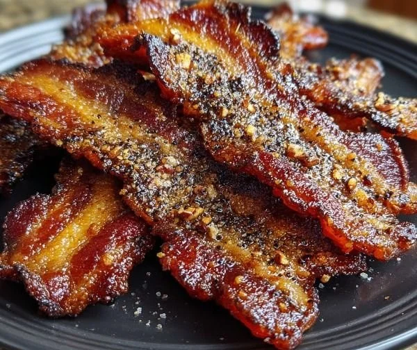 Crispy Spicy Sweet Billionaire Bacon served on a plate with garnish