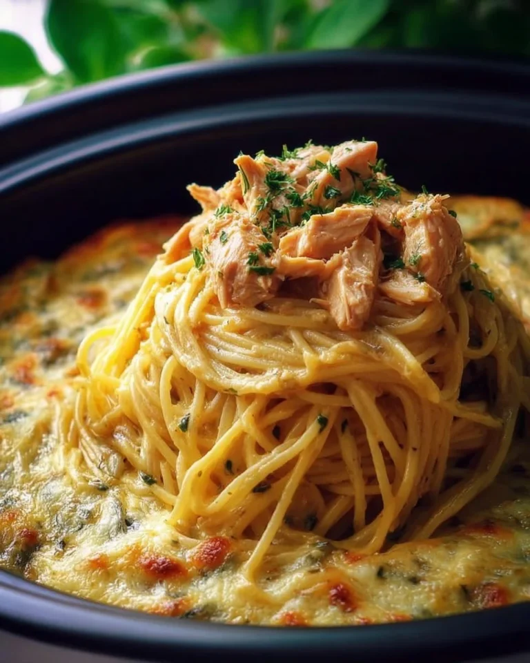 Delicious serving of Crockpot Chicken Spaghetti topped with herbs