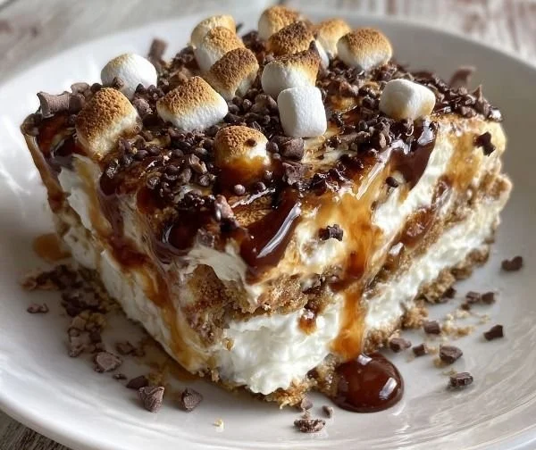 Delicious no-bake s'mores lasagna with layers of chocolate, marshmallow, and graham crackers.