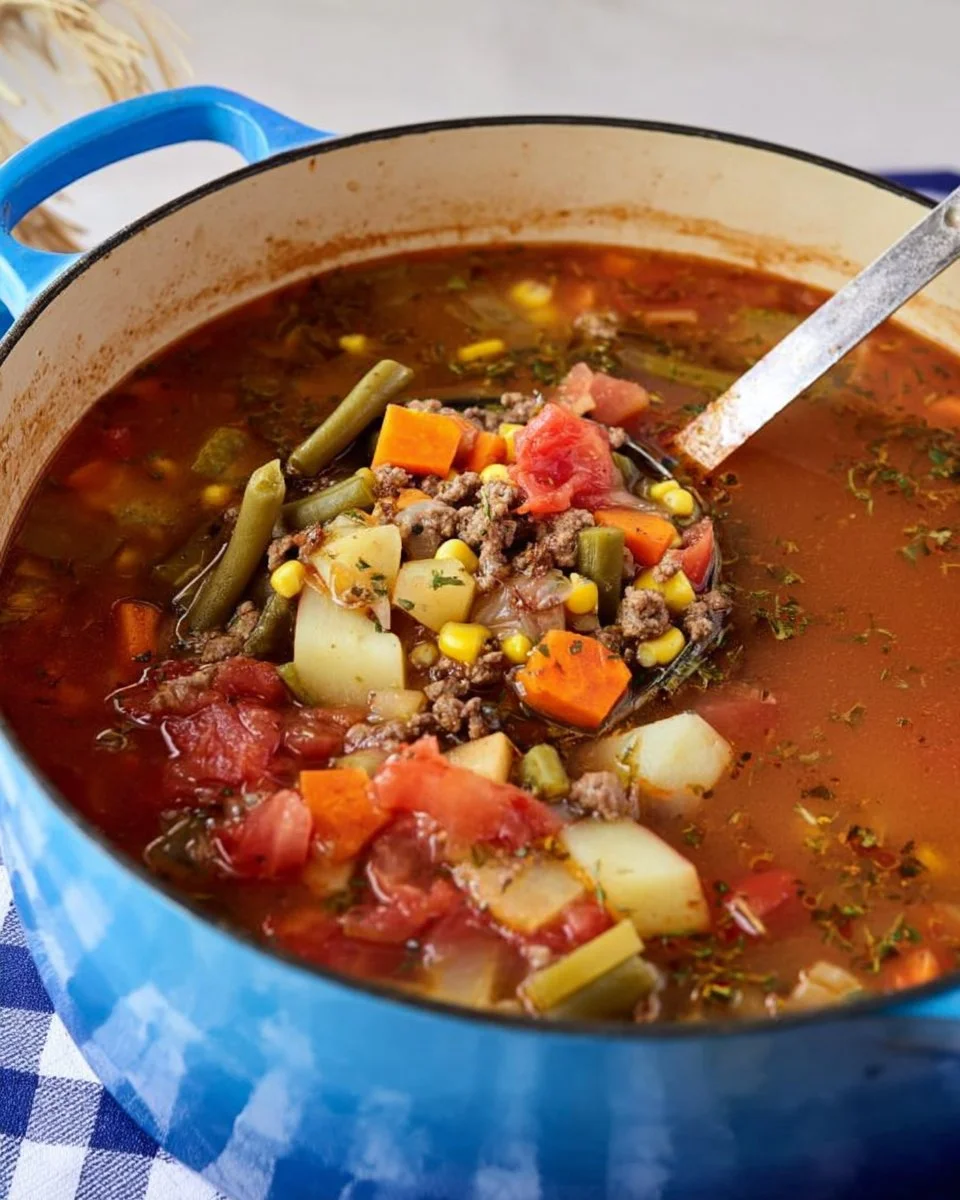 Bowl of delicious hamburger soup with fresh vegetables and herbs
