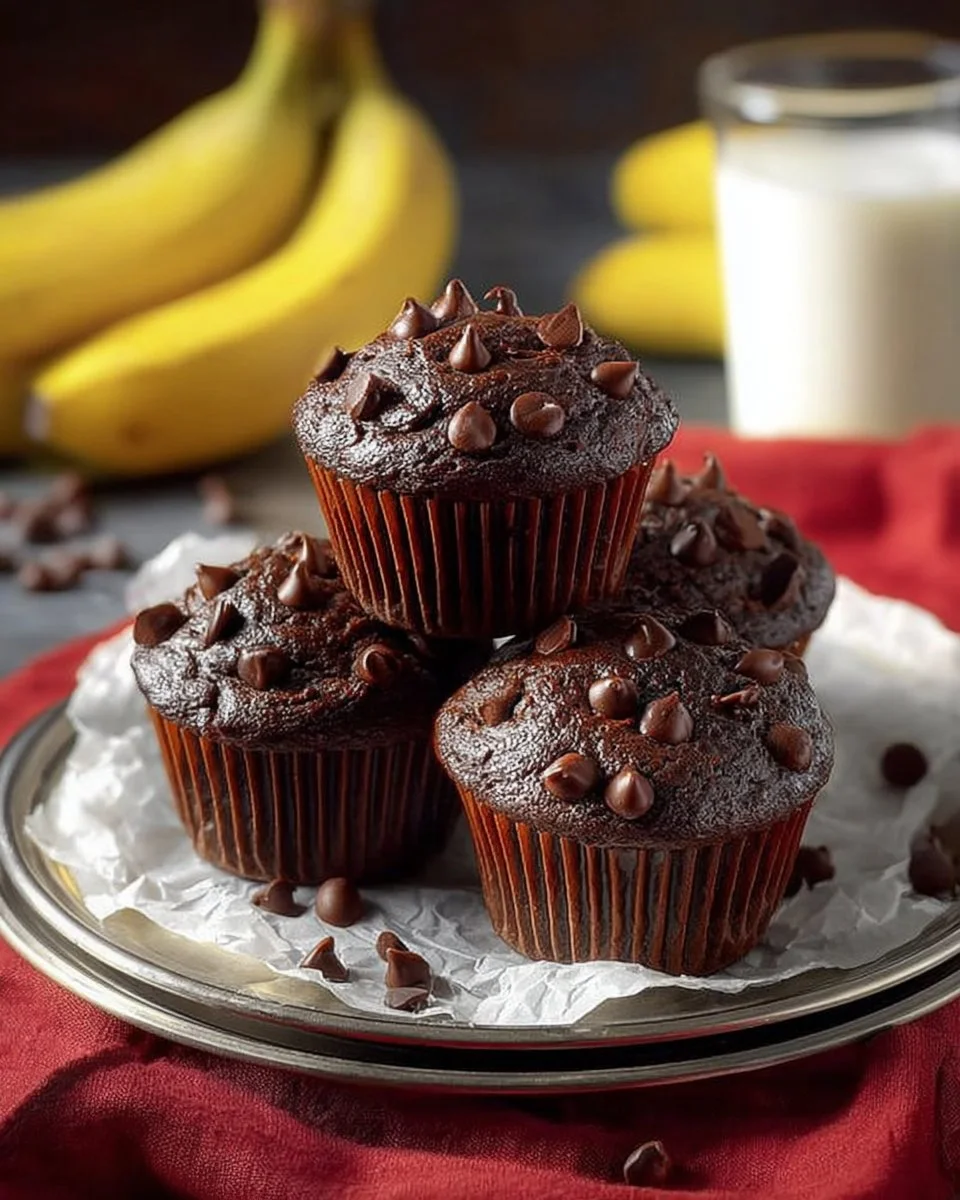 Delicious double chocolate banana muffins freshly baked and ready to enjoy.
