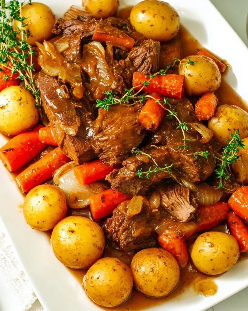 Delicious Dutch Oven Pot Roast with vegetables and herbs in a rustic dish