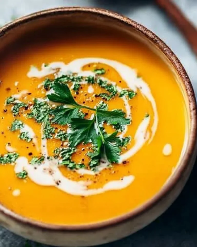 Bowl of creamy butternut squash and sweet potato soup garnished with herbs.