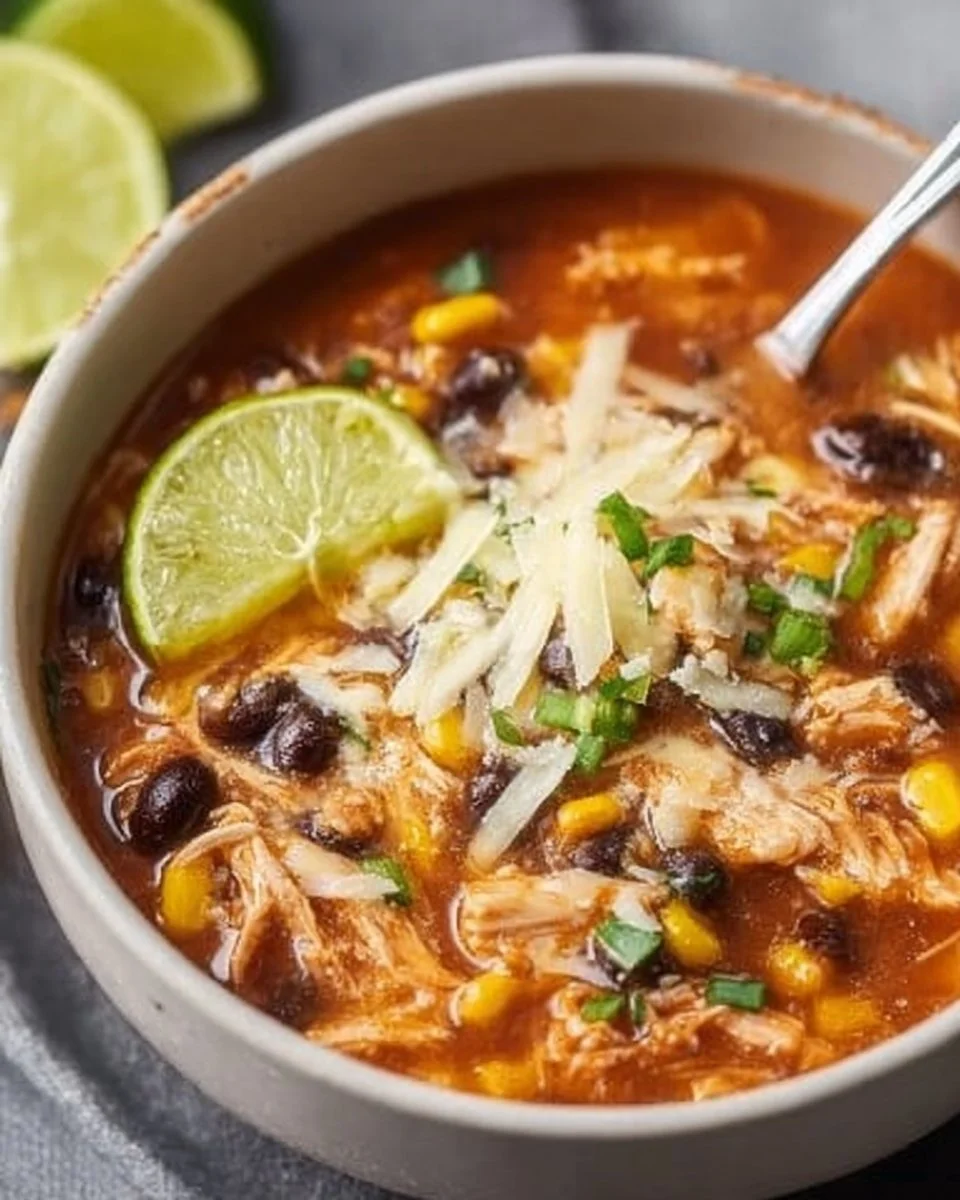 Bowl of easy chicken taco soup topped with cilantro and lime