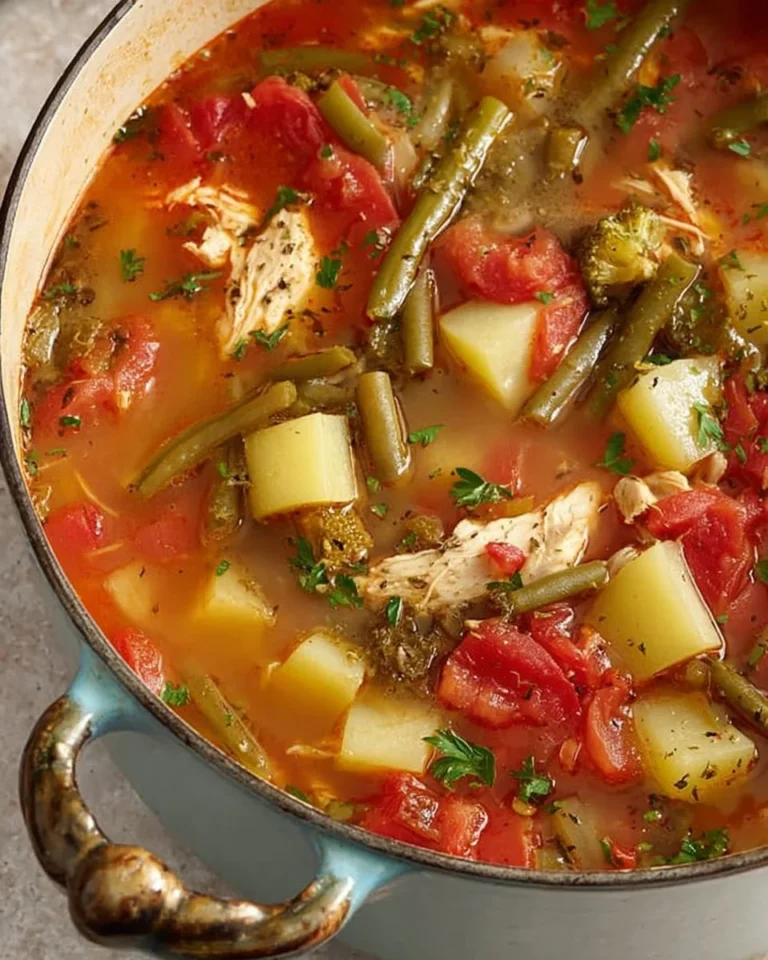 Bowl of easy chicken vegetable soup with colorful vegetables and herbs