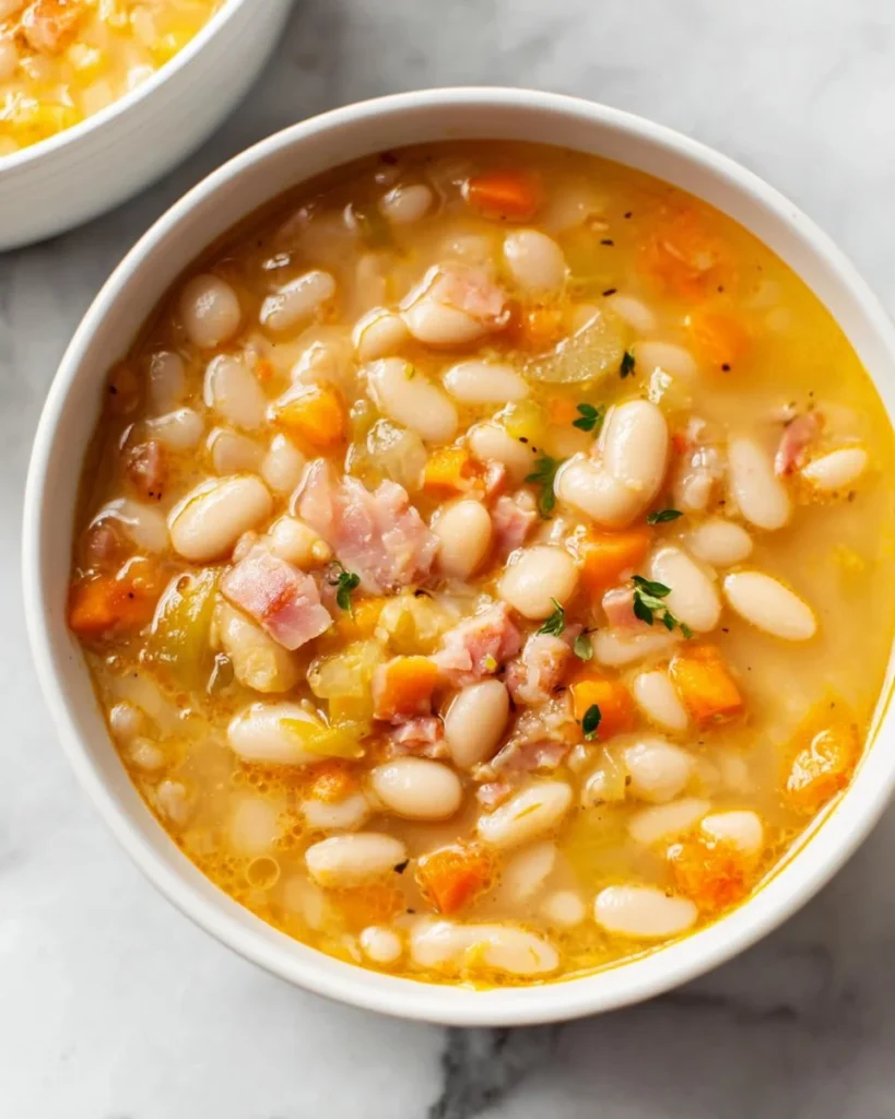 Bowl of easy ham and bean soup garnished with herbs and served with bread.