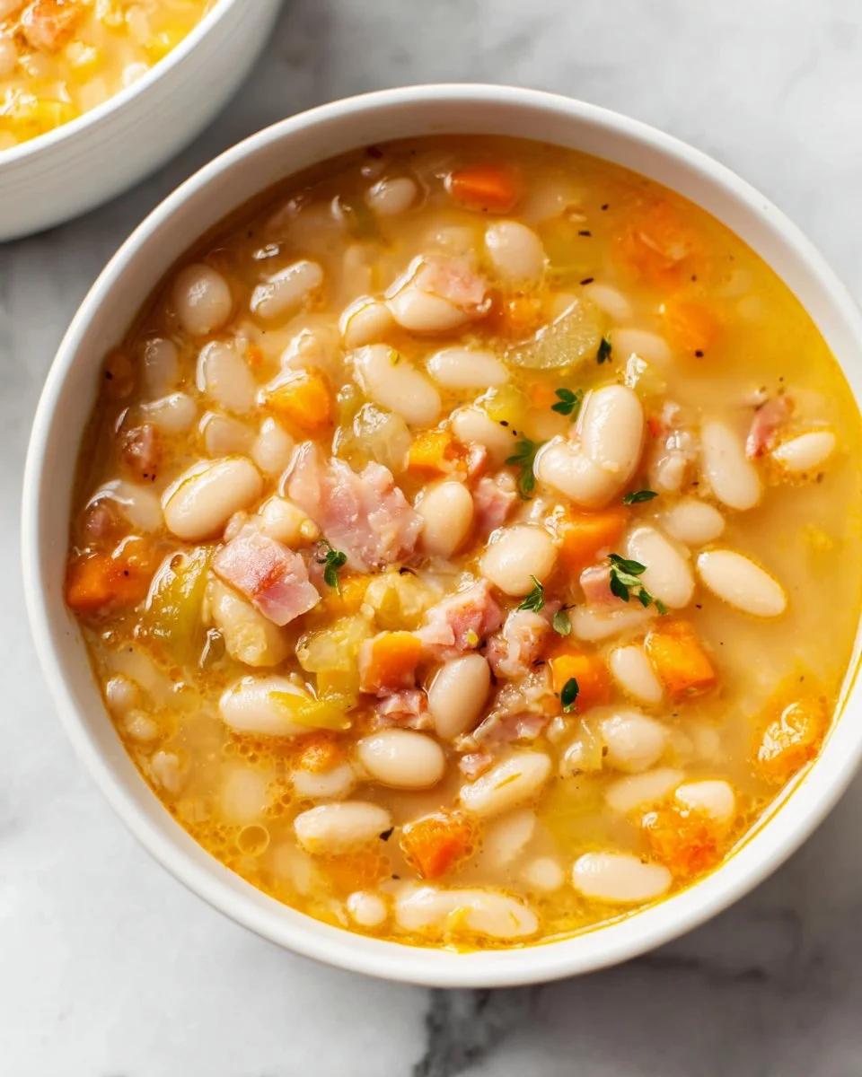 Bowl of easy ham and bean soup garnished with herbs and served with bread.