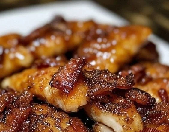 Delicious bacon brown sugar chicken tenders served on a plate, garnished.