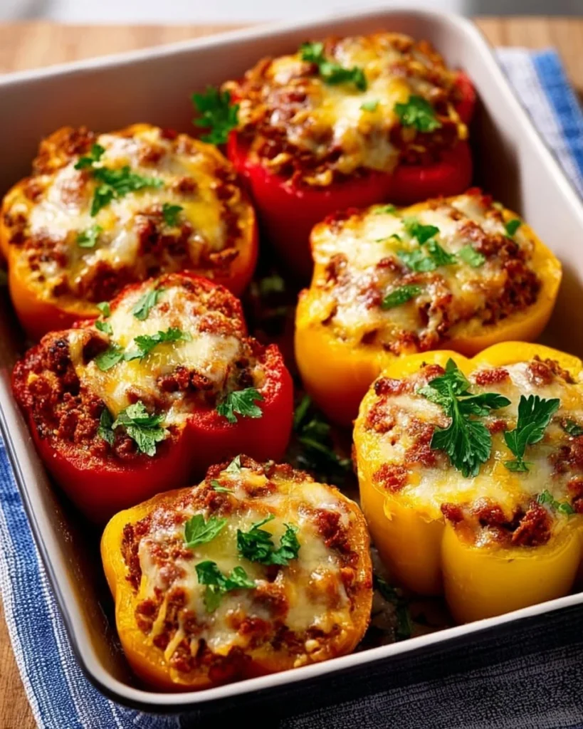 Plate of easy stuffed bell peppers filled with rice, meat, and herbs