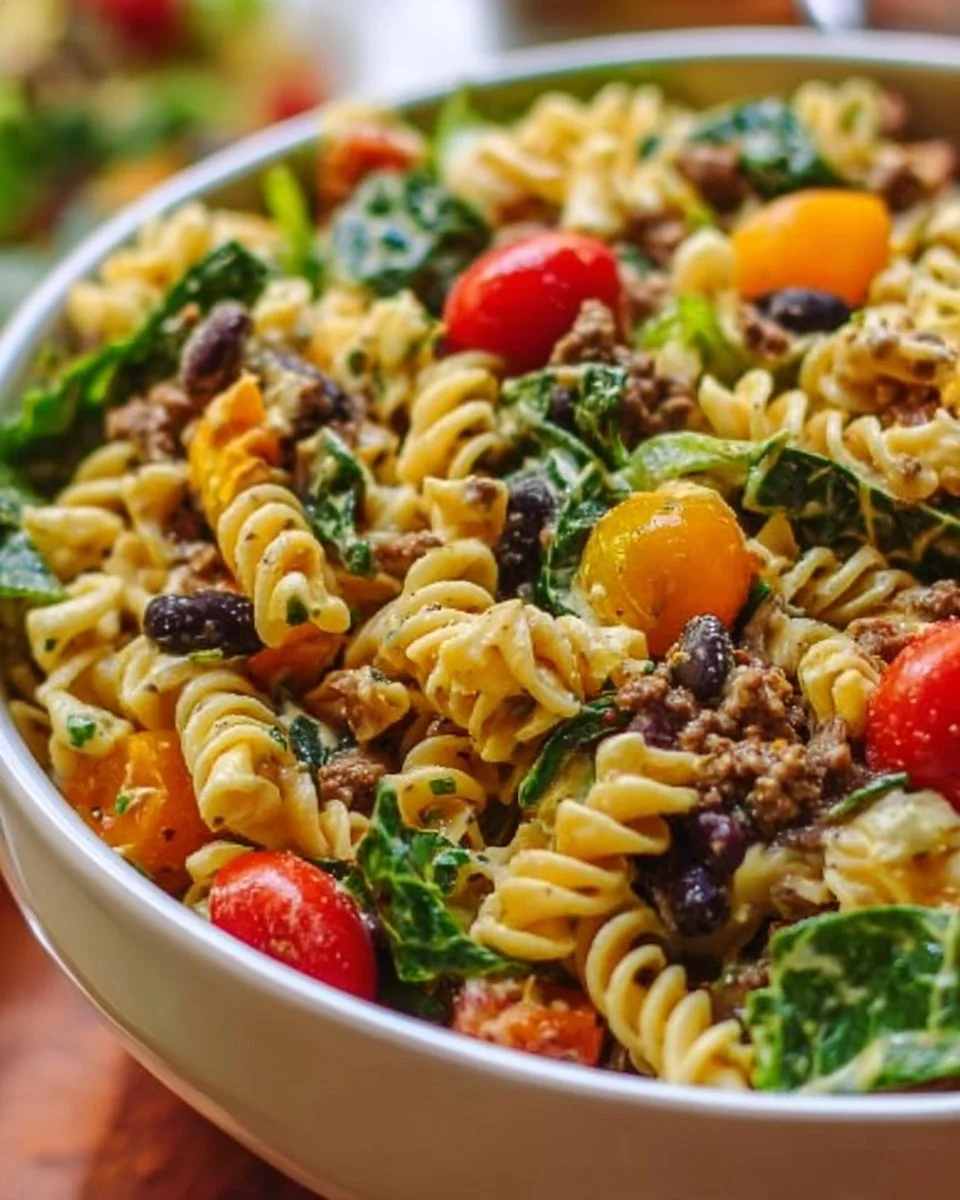 Bowl of easy taco pasta salad with colorful ingredients and toppings