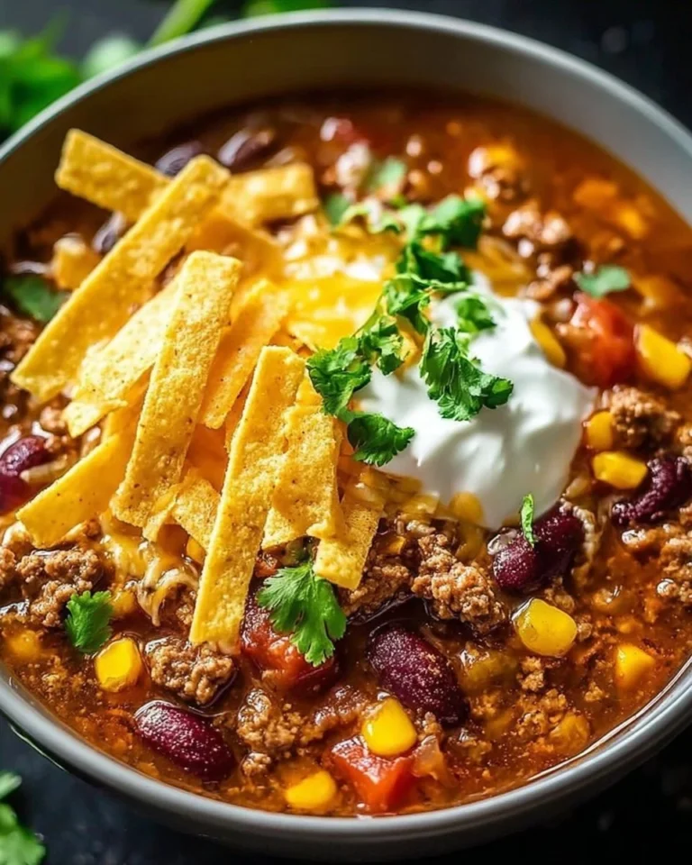 A bowl of easy taco soup topped with cheese and herbs