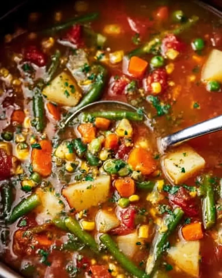 Bowl of easy vegetable soup with fresh vegetables and herbs