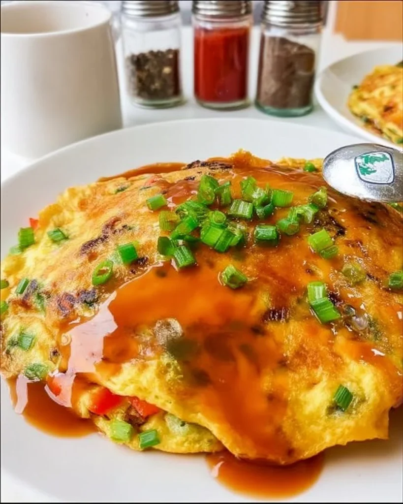 Delicious homemade Egg Foo Young served with savory sauce and vegetables.
